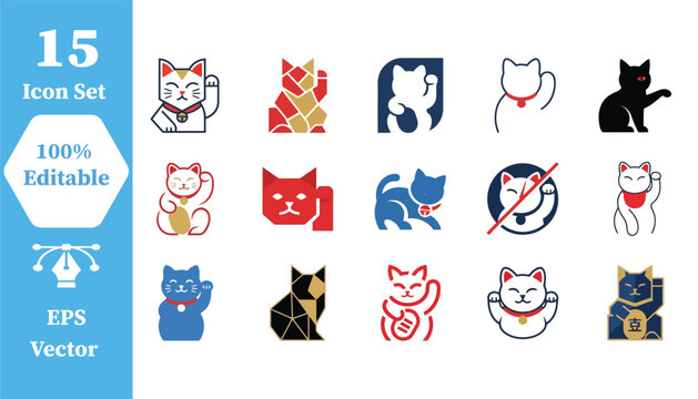 Lucky cat maneki neko icons set for japanese cultural design with japanese