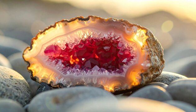 Close-up of a vibrant red agate geode with crystalline formations on a bed of smooth pebbles, illuminated by warm sunlight.