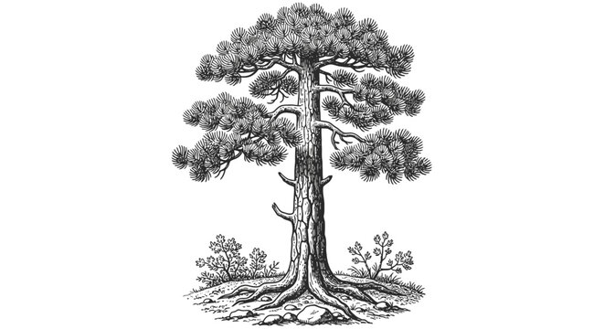 Detailed illustration of a mature pine tree with intricate branches and textured bark