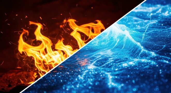 Dynamic contrast of fiery flames and cool blue water in a split image