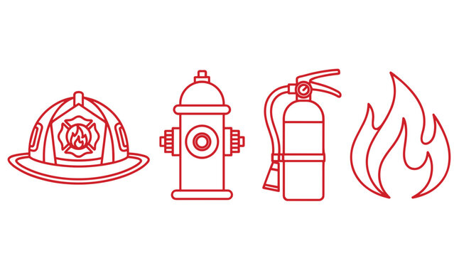 Firefighter Helmet Fire Hydrant Fire Extinguisher and Flame Fire Engine Red Line Art Vector Icon Set on a Transparent Background Hex Code Code #CE2029 