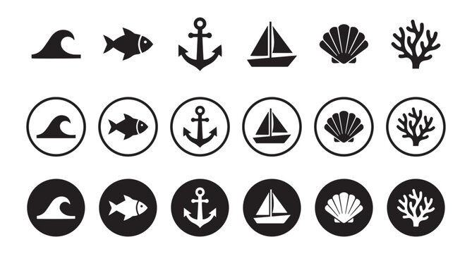 Marine vector symbol set featuring waves fish anchors sailboats shells and coral