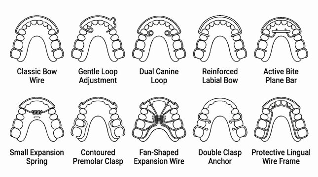 A collection of ten different orthodontic dental retainer and appliance designs.