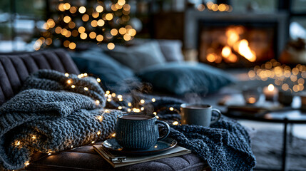 Obraz premium Steaming hot beverages creating cozy winter hygge atmosphere