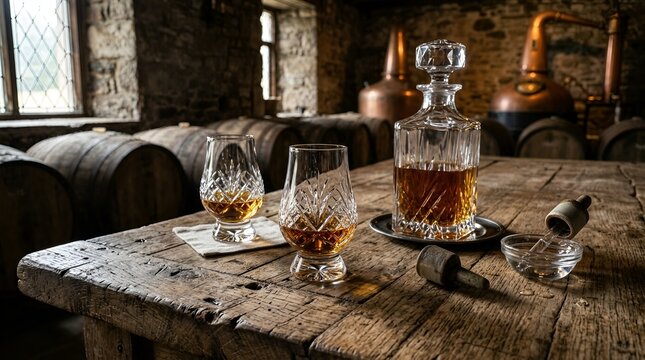 Whiskey tasting in distillery:  crystal glasses, decanter, wooden barrels and copper stills