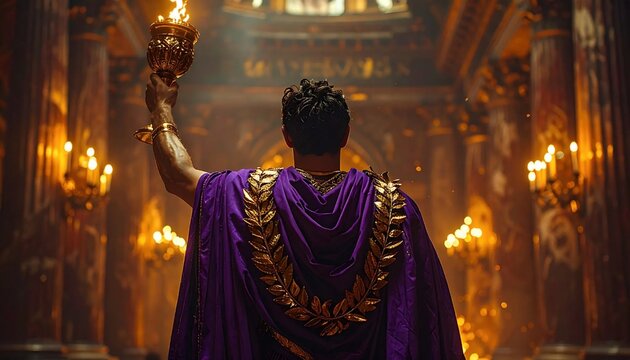 Majestic Roman Emperor Holding Flaming Torch in Ornate Palace.