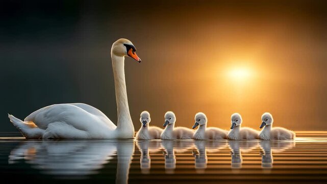Swan Mother with Cygnets on Calm Lake
