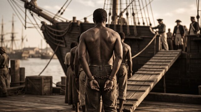 International Day for the Remembrance of the Slave Trade and its Abolition. Black slaves boarding a slave ship