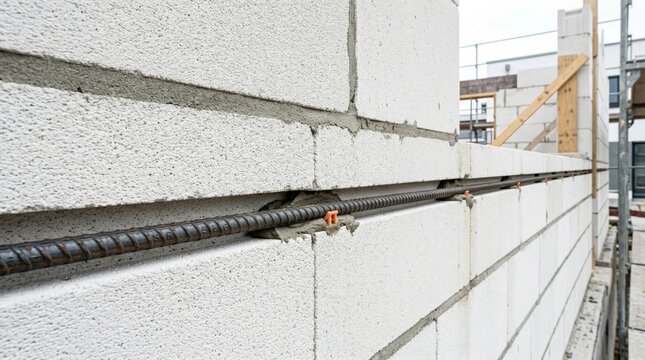 White AAC Block Wall with Steel Rebar Reinforcement and Orange Plastic Spacers