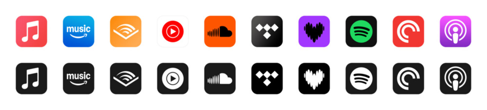 Top podcasts and music streaming platforms vector icon collection. popular music app logos set 2026