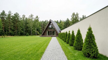 Obraz premium Triangular wooden chalet with glass gable behind trimmed lawn, gravel walkway and arborvitae hedge, retreat concept