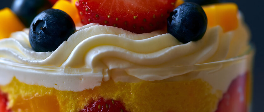 Strawberry blueberry trifle with whipped cream and sponge cake close up photo berry fruit dessert layered strawberries blueberries mango custard sweet treat close up
