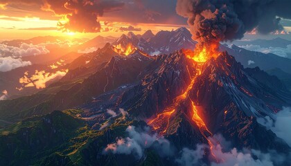 Fototapeta premium Volcano Eruption at Sunset.
