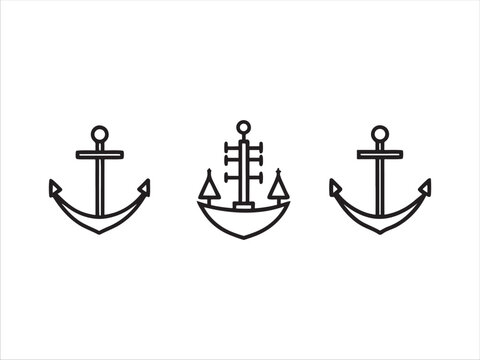 Set of anchors and sailboat icons in simple line style design