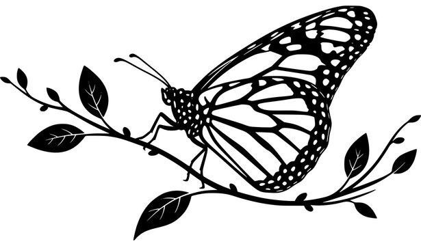 Side profile butterfly silhouette vector icon with minimalist botanical leaf branch for vintage natural history logos