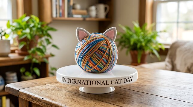 Colorful yarn ball with felt ears sitting on a ceramic pedestal tray for celebration with vibrant ball multicolored