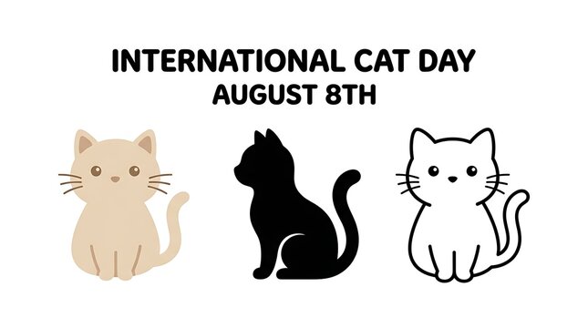 International cat day celebration graphic featuring three stylized feline illustrations on a minimalist white background