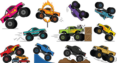 Monster truck stunt collection featuring off road racing vehicles performing jumps, flips, crashes, wheelies, obstacle challenges, and motorsport vector illustration set © sumi