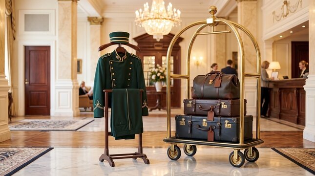 Bellhop uniform with luggage cart in elegant hotel lobby featuring luxury suitcases and attention to detail. Stylish bellhop uniform stands beside well-organized luggage cart,