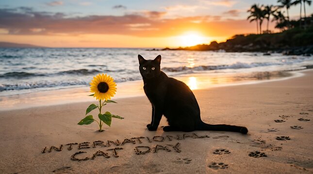 Black cat sitting next to a sunflower on a sandy beach during a golden sunset with sunflower words international beside single sunflower