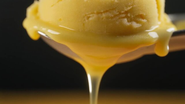 Yellow mango sorbet scoop melting into glossy puree droplet on spoon in macro view
