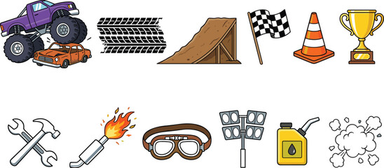 Monster truck racing elements collection featuring off road vehicle, tire tracks, jump ramp, checkered flag, trophy, tools, and motorsport vector illustration set © sumi
