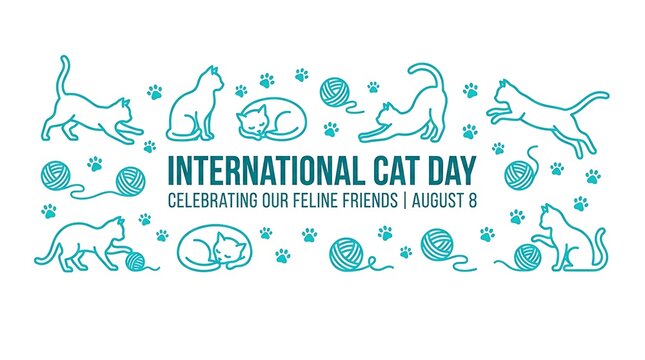 International cat day celebration banner with teal line art feline icons with illustrations cats various festive banner