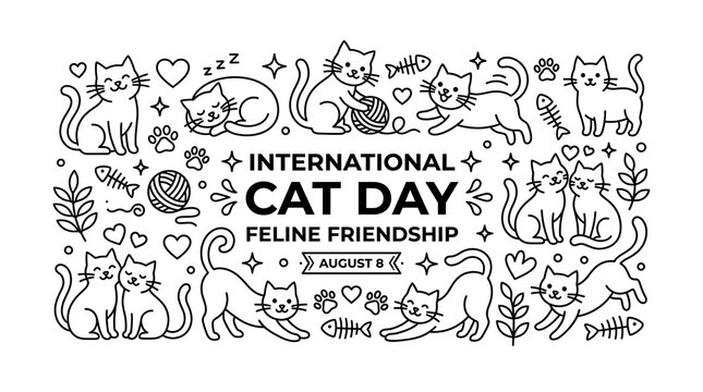 International cat day celebration banner featuring cute feline doodles and decorative elements in minimalist black and white line art style