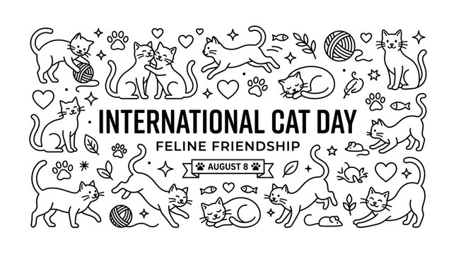 International cat day celebration banner featuring playful feline line art illustrations and decorative icons for august eighth