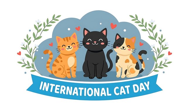Three adorable cartoon cats sitting together celebrating international cat day with festive floral wreath with together inside decorative