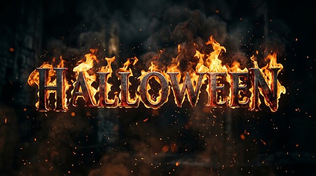 A dark and spooky halloween background featuring the word halloween written in bright orange flames against a black backdrop