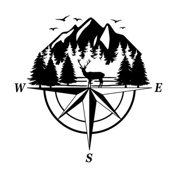 Compass with mountain, forest and reindeeer svg cut file. Isolated vector illustration.