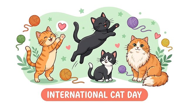 International cat day celebration featuring cute cartoon kittens playing with colorful yarn balls in a playful vector illustration