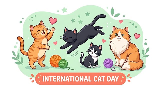 International cat day celebration vector illustration featuring four playful kittens playing with colorful yarn balls