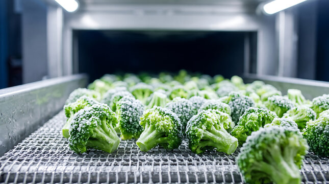 Frozen broccoli florets arranged on a metal conveyor belt inside an industrial freezing facility with dark background and illuminated overhead lights