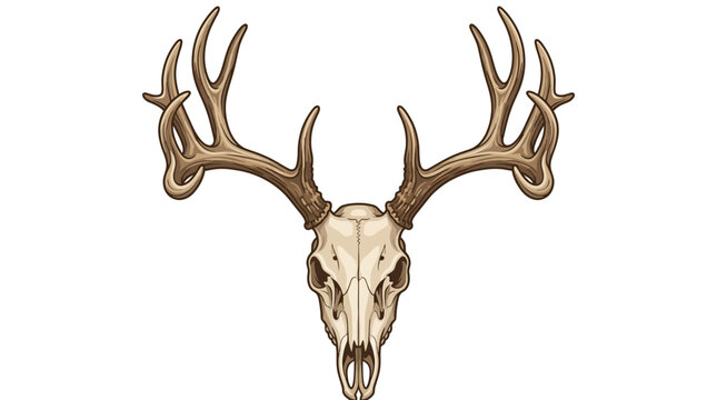 Detailed vector-style illustration of a weathered deer buck skull with large multi-point antlers isolated on a plain white background, ideal for hunting or nature themes.