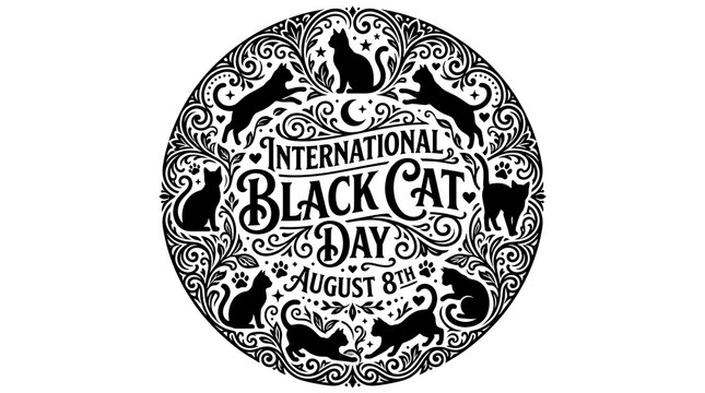International black cat day decorative circular emblem with intricate floral ornaments and feline silhouettes celebrating august eighth
