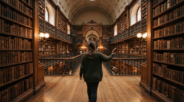 Woman walking in a historical library with shelves full of antique books. Student exploring literature in a classic interior. Academic study, research, education and reading concept.