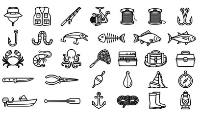 Modern Fishing Equipment Outline Icons Collection with Fish Hooks Boat Net Tackle Accessories Editable Stroke Flat Vector Set © Johora