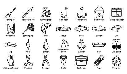 Fishing Essentials Line Icon Set with Rod Reel Hooks Fish Net Boat Buoy and Tackle Gear Editable Stroke Vector Illustration © Johora