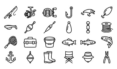 Simple Fishing Line Icons Set with Fish Hook Rod Reel Net Tackle Box Buoy and Outdoor Equipment Editable Stroke Vector Collection © Johora