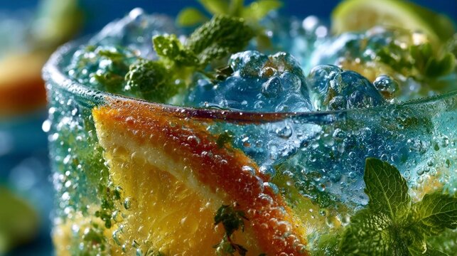 A close-up macro shot of a refreshing beverage with condensation, citrus, herbs, and ice in a clear glass, emphasizing freshness and crisp detail.