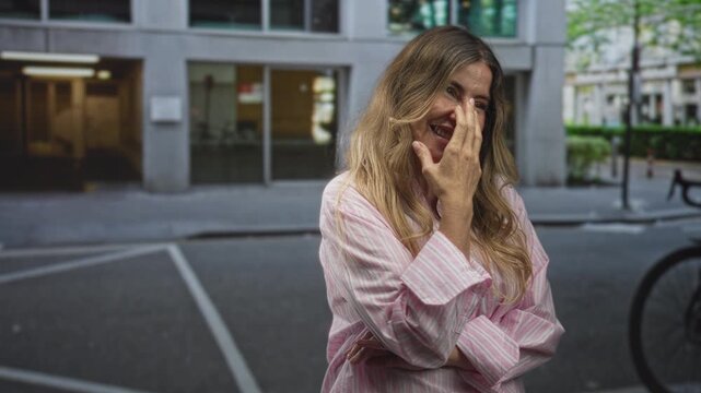 Woman covers mouth with hand while smiling on street near sidewalk in front of office building; playful shyness.