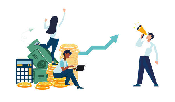 Business presentation. People, wealth accumulation, gold coins, financial growth, green arrow up. Employees, businessmen discussing finances, contract, development, calculations. Vector illustrations
