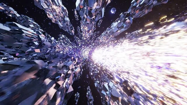 Abstract visual sequence of crystalline structures breaking apart and emitting bright light in a cosmic space environment with a sense of depth and motion