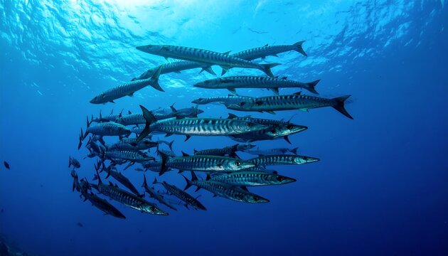 A School of Barracuda Fish Swimming Together in the Deep Blue Ocean.