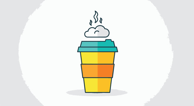 Colorful disposable coffee cup with steam.