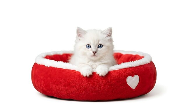 Adorable fluffy white kitten resting inside a vibrant red pet bed with heart detail with plain white background sitting inside plush