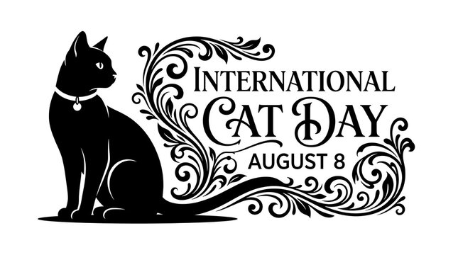 Elegant black cat silhouette with decorative floral swirls for international cat day celebration with typography celebrating international