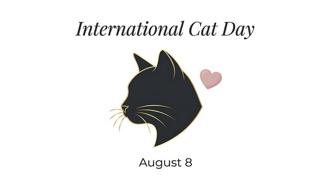 Minimalist international cat day illustration with graphic illustration black silhouette profile elegant heart white background